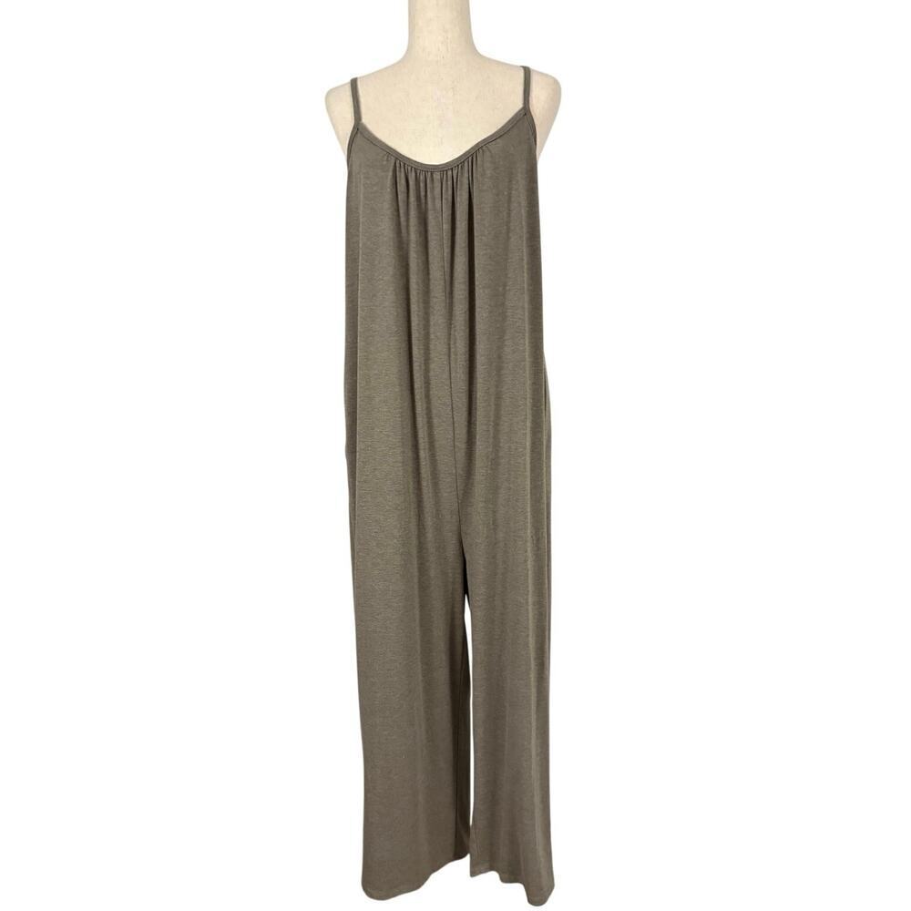 Minimalist Lagenlook Wide Leg Jumpsuit Oatmeal Tan Adjustable Straps Size Large